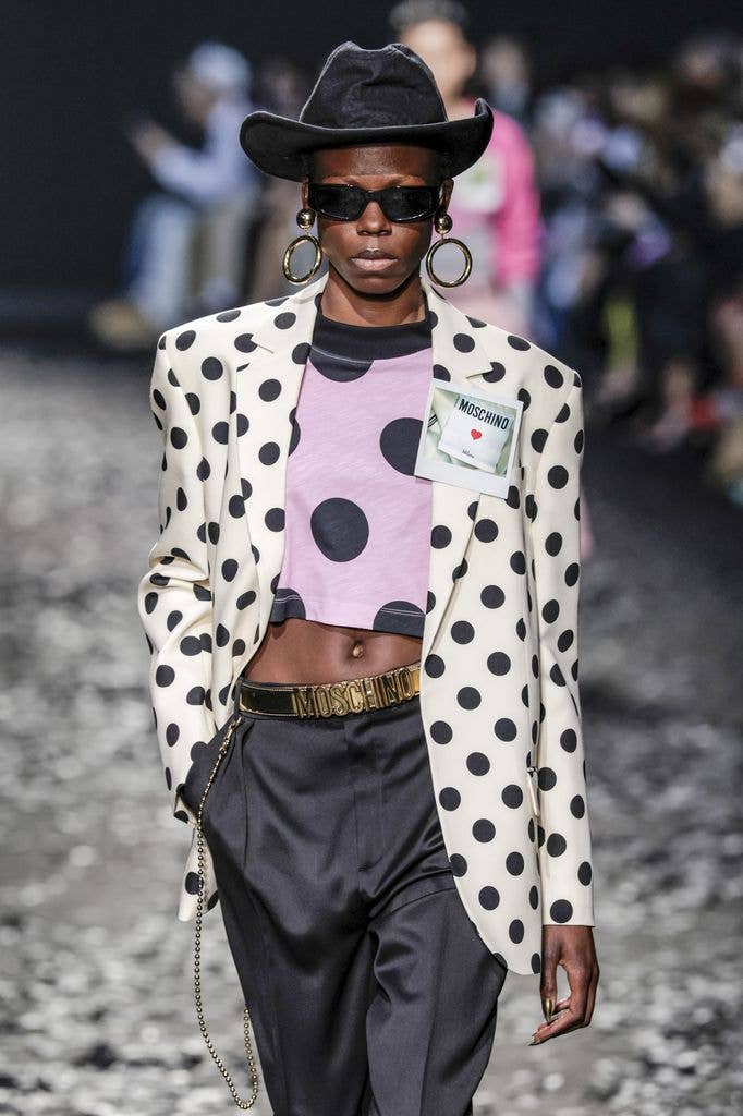 Model wearing polka dot blazer during Moschino Autumn/Winter 2025