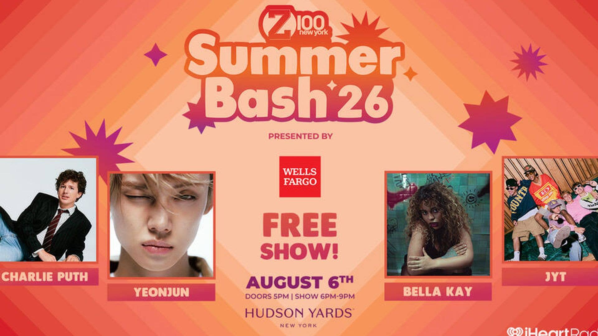 Z100's Summer Bash, a free concert event with artists like Charlie Puth and Yeonjun, will take place at Hudson Yards on August 6.