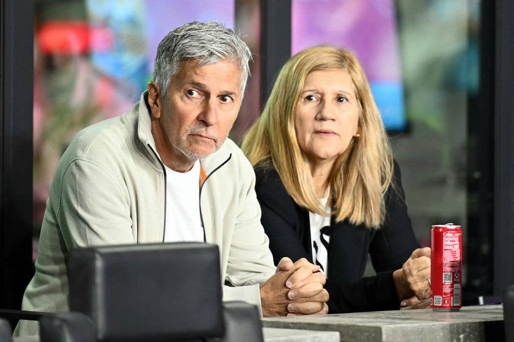 Jorge Messi (L) and Celia Cuccittini, parents of Inter Miami's Argentine forward Lionel Messi, wait for the start of the Major League Soccer (MLS) Eastern Conference final football match between Inter Miami and New York City FC at Chase Stadium in Fort Lauderdale, Florida on November 29, 2025.