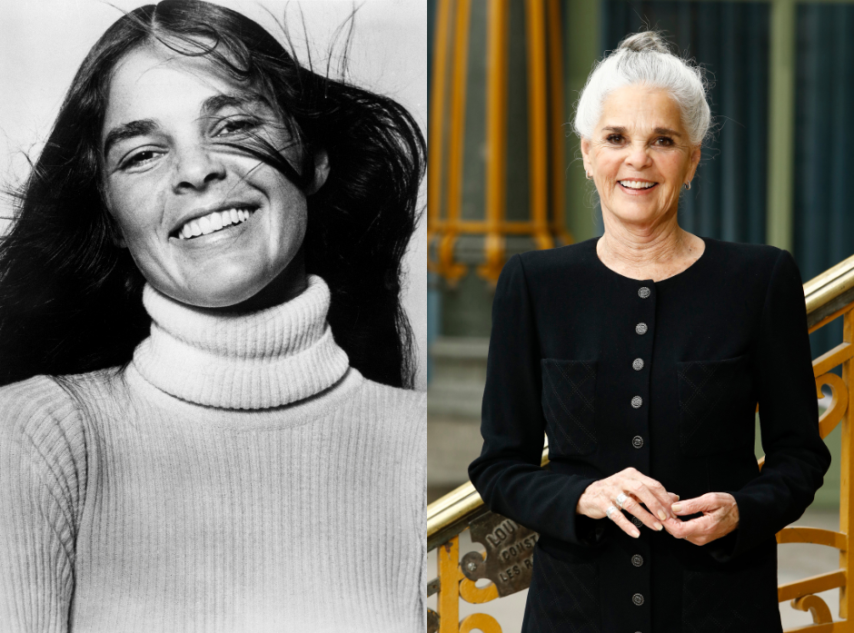 Split image of Ali MacGraw. On the left, a close up portrait dated to 1971. On the right, at the Chanel Cruise 2020 Collection.