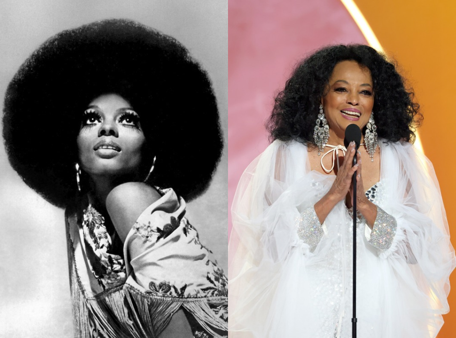 Split image of Diana Ross. Pictured in 1975 and 2026.