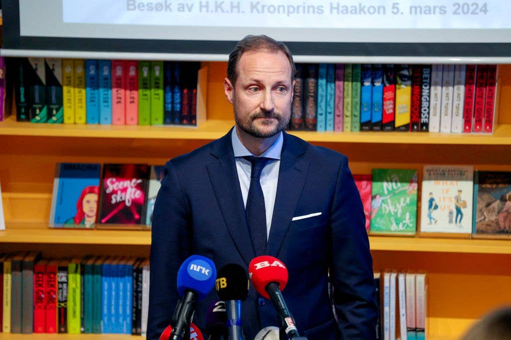 Crown Prince Haakon of Norway speaks as he visits the Bergen public library