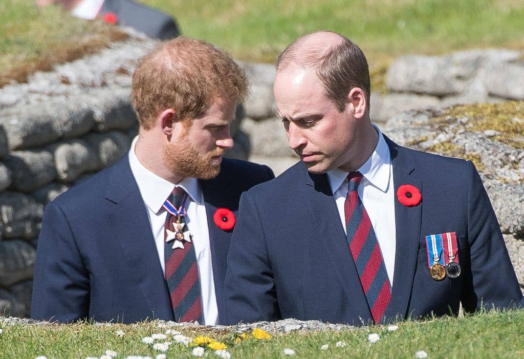 Prince William, Duke of Cambridge and Prince Harry walk through a trench during the commemorations for the 100th anniversary of the battle of Vimy Ridge on April 9, 2017 in Lille, France