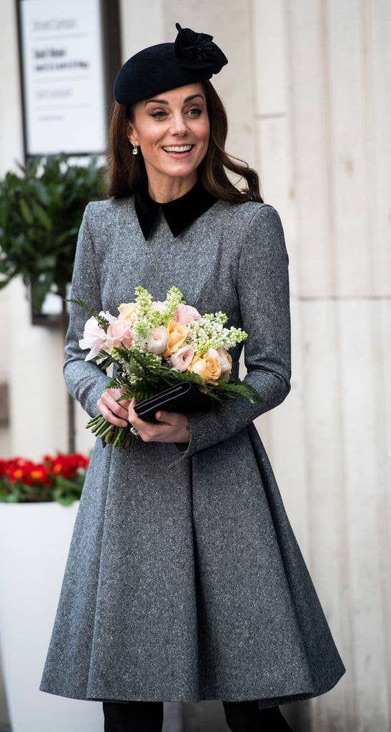 The ever-stylish royal was dressed in a grey Catherine Walker dress featuring a black contrasting collar for a visit to King's College in March of 2019.  