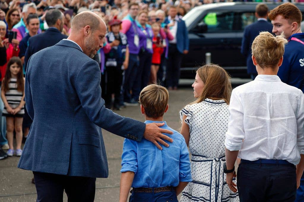Prince William, Prince of Wales, Duke of Rothsay with Prince George, Princess Charlotte and Prince Louis arrive for the Glasgow 2026 Commonwealth Games at The Hydro on August 1, 2026 in Glasgow, Scotland.on August 01, 2026 in Glasgow, Scotland.