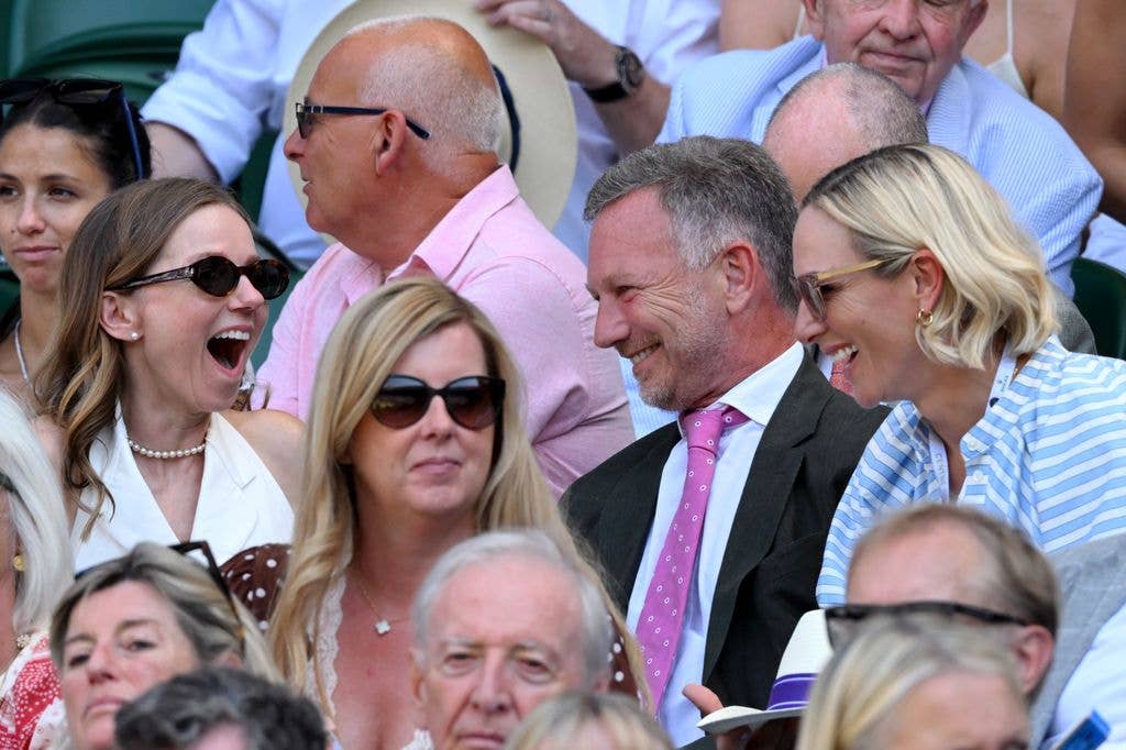 Geri Horner, Christian Horner and Zara Tindall during day ten of the 2026 Wimbledon Tennis Championships at the All England Lawn Tennis and Croquet Club on July 08, 2026 in London, England