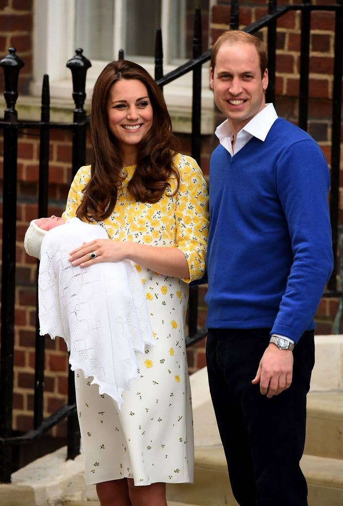 Hours after giving birth to her daughter Princess Charlotte, Catherine emerged on the steps of the Lindo Wing dressed in a floral print Jenny Packham number.