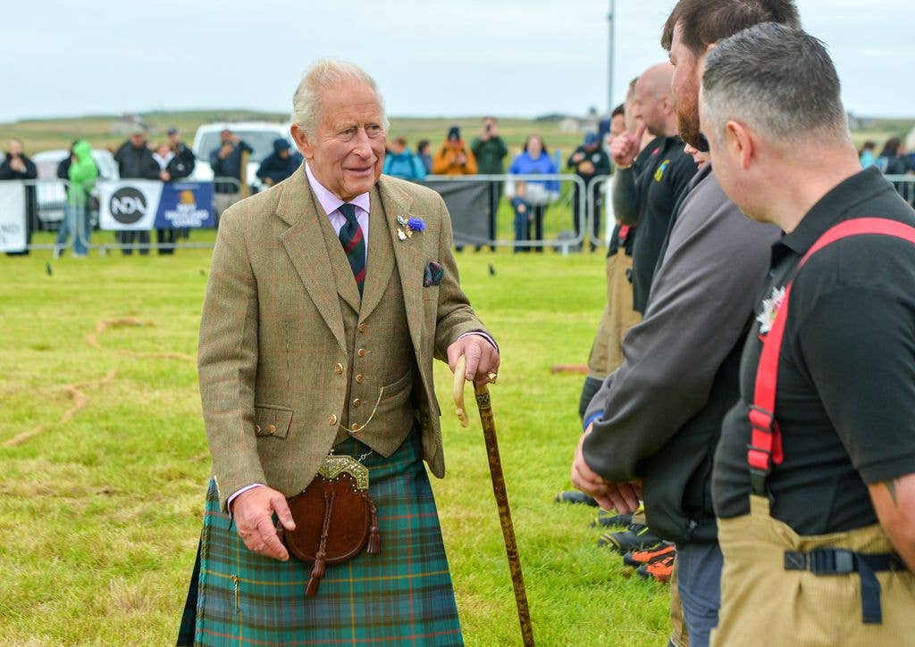 King Charles III in traditional Highland dress meets competitors at the 2026 Mey Highland Games at John O'Groats Showground on August 01, 2026 in John O'Groats, Scotland.