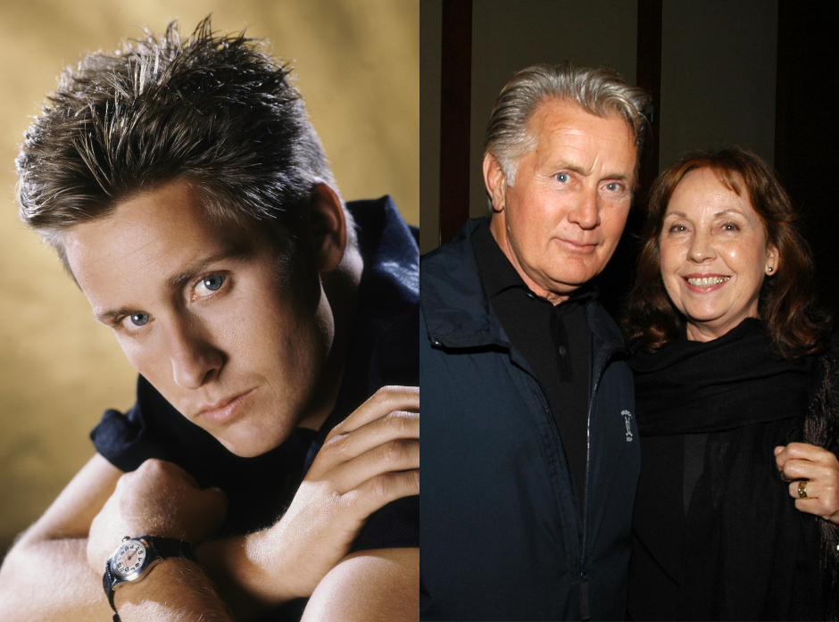Split image, showing Emilio Estevez on the left in 1980, and his parents Martin Sheen and Janet Sheen on the right in 2006.
