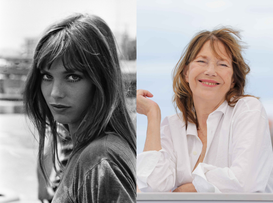 Split image of Jane Birkin. On the left, in 1970. On the right, in 2021.