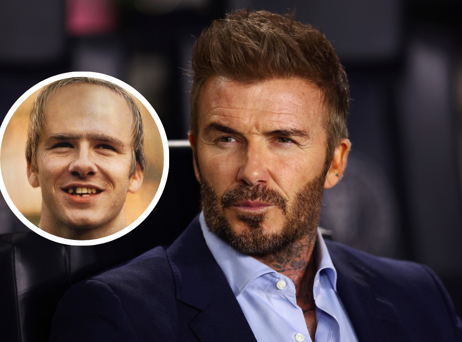Portrait of David Beckham, with a smaller image of the footballer as he was predicted to look by FourFourTwo magazine when he turned 45.