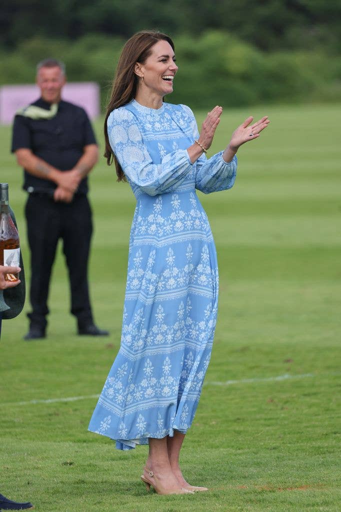A summer day at the polo field called for a cornflower blue Beulah London midi dress, which the Princess wore while cheering on Prince William at the 2023 Royal Charity Polo Cup.