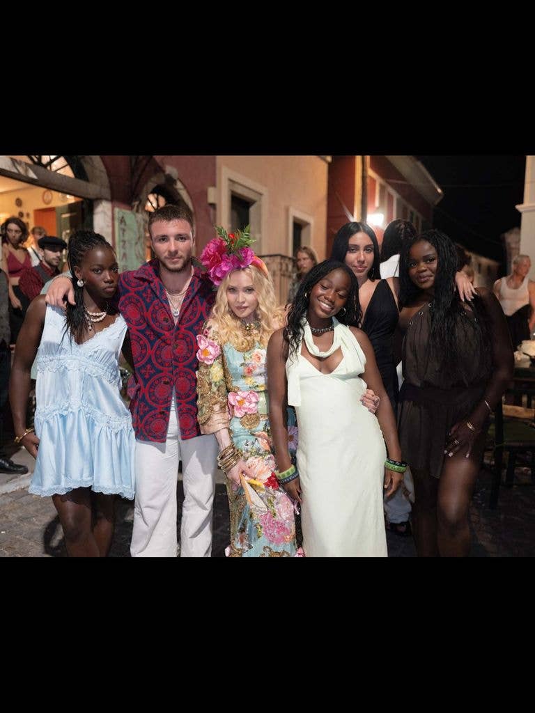 Madonna poses for a photo with her kids Stella, Rocco, Estere, Lourdes and Mercy James in Greece while celebrating her 68th birthday, shared on Instagram
