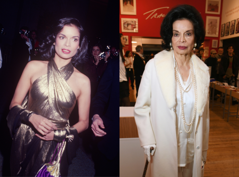 Spit image of Bianca Jagger. On the left, wearing a gold lamé dress in 1970. On the right, at an exhibition in 2026.