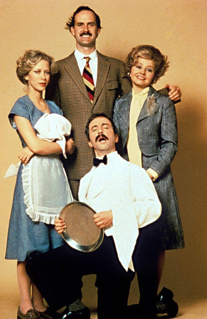 Cast of Fawlty Towers with John Cleese, Connie Booth, Prunella Scales and Andrew Sachs