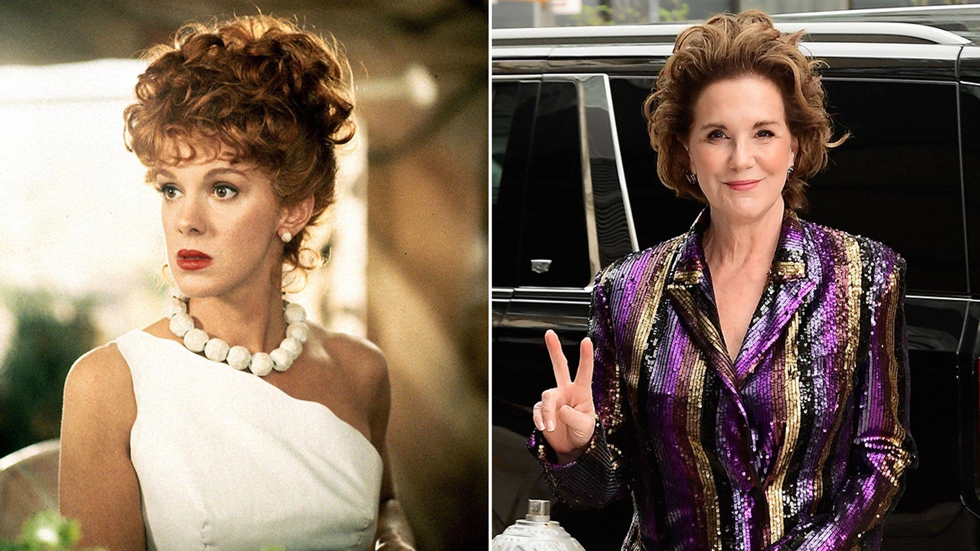 Two images of Elizabeth Perkins, one in a white dress and another in a sequined jacket.