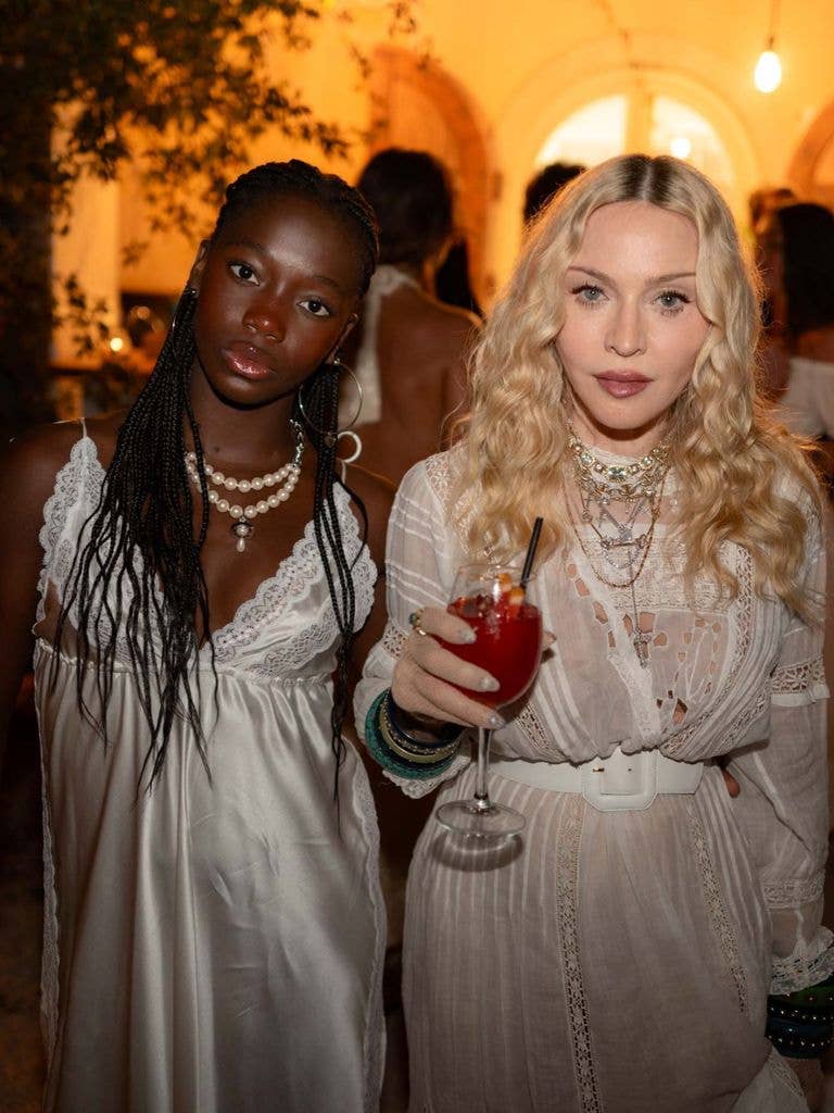 Madonna and one of her twin daughters poses for a photo while celebrating her 68th birthday in Greece, shared on Instagram