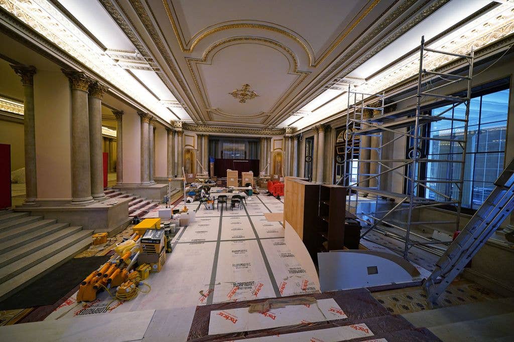 Building work takes place in the Grand Entrance Hall at Buckingham Palace in London, part of the 10-year refurbishment programme for the royal residence