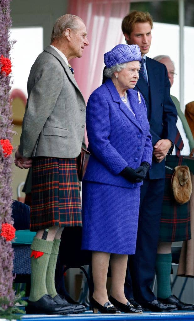 Prince Philip, Duke of Edinburgh, Queen Elizabeth II and Prince William attend the 2005 Braemar Highland Gathering at The Princess Royal and Duke of Fife Memorial Park on September 3, 2005 in Braemar, Scotland.