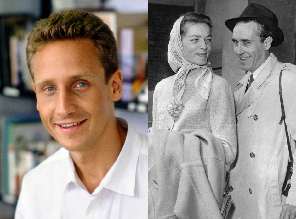 Split image showing Sam Robards in the '80s on the left and his parents, 
Lauren Bacall and Jason Robards, on the right. 