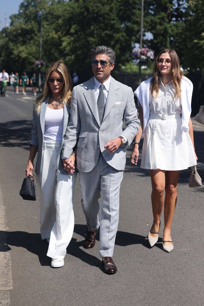 Patrick Dempsey arrives at day fourteen of the Wimbledon Tennis Championships at the All England Lawn Tennis and Croquet Club on July 13, 2025 in London, England