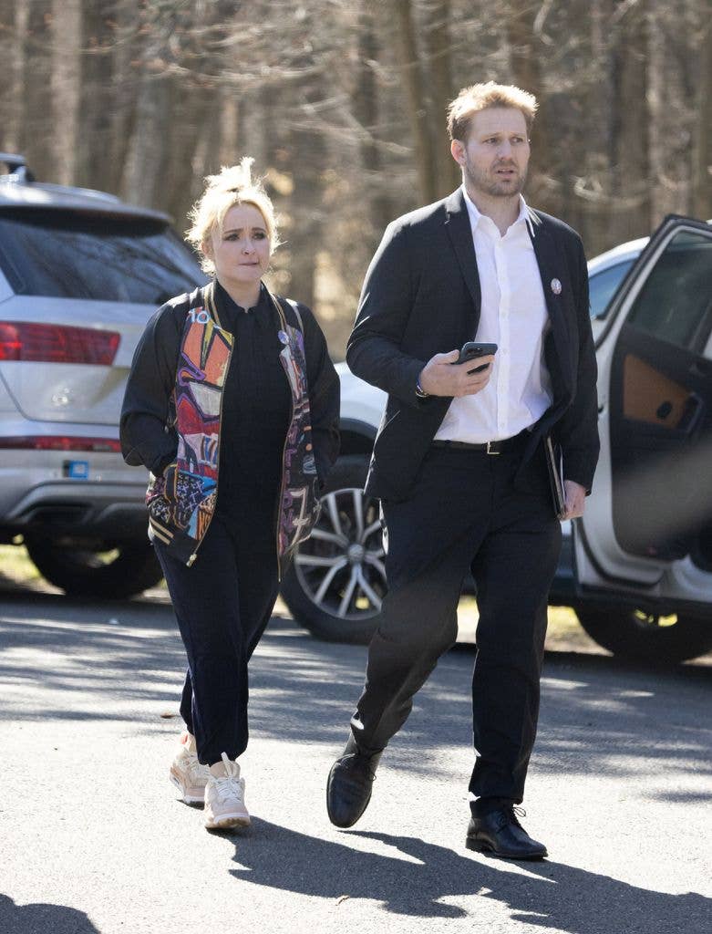 Hayden Panettiere and Brian Hickerson are seen at the celebration of life event for Panettiere's younger brother Jansen Panettiere on March 8, 2023 in Palisades, New York. (Photo by MEGA/GC Images)