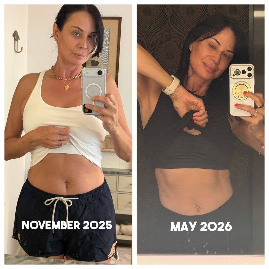 Side by side images of Catherine Bell in November 2025 holding up her tank top and Catherine in May 2026 with visible abs