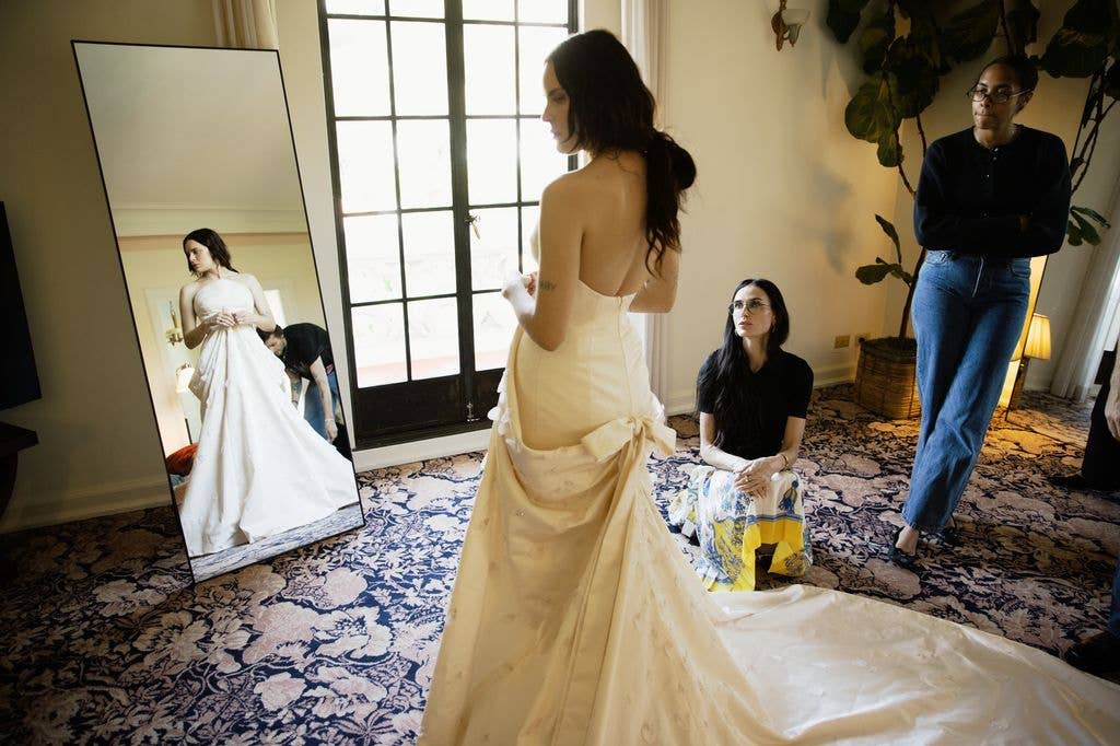 Tallulah wearing custom Balenciaga wedding dress