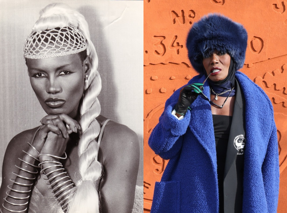 Split image of Grace Jones. Pictured in 1977 and 2024.