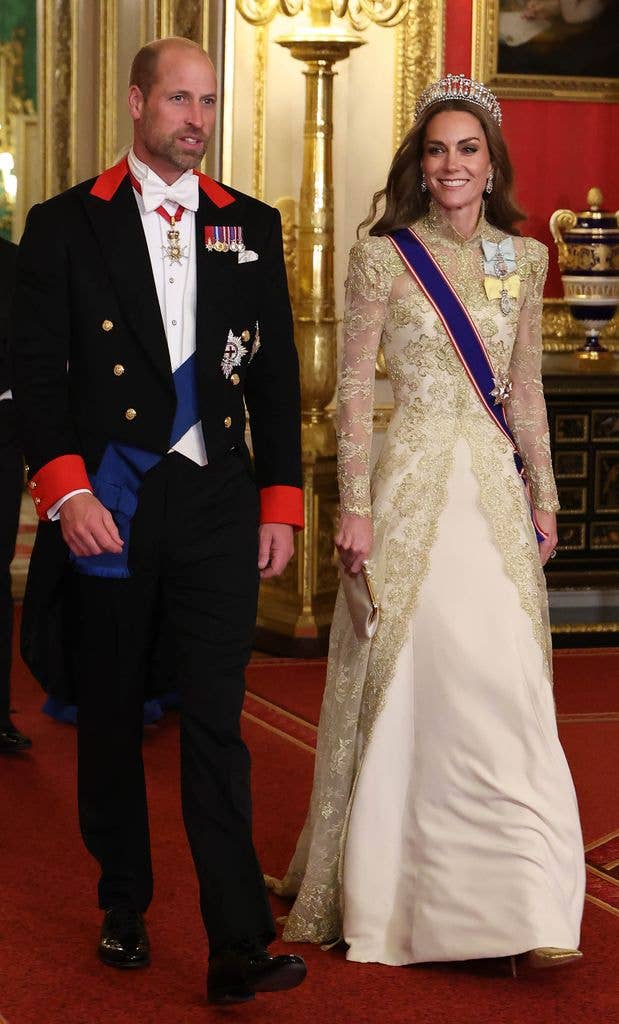 The Princess of Wales looked positively regal in a couture gown by British designer Phillipa Lepley with a full-length, hand-embroidered gold Chantilly lace evening coat over a silk crepe gown for a state banquet held for President Donald Trump and First Lady Melania Trump in 2025