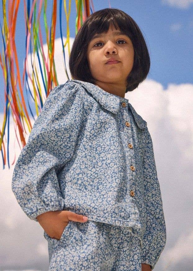 'Light Wash Denim Blue Floral Printed Shirt & Trouser Set' from JoJo Maman Bébé