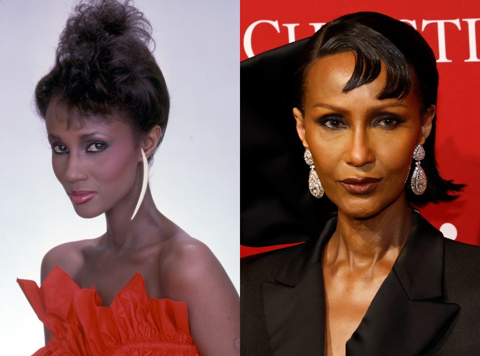 Split image of Iman. On the left, in a red dress in 1981. On the right, in 2026 at the King's Trust Gala at Christie's. 