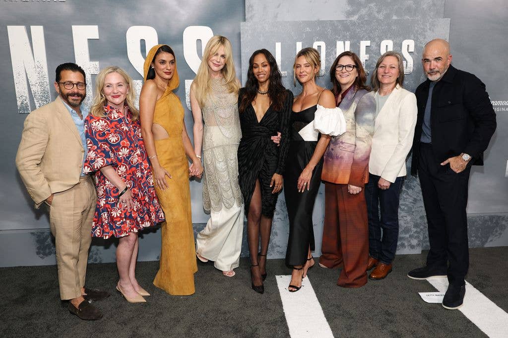 David Glasser, Jane Wiseman, Laysla De Oliveira, Nicole Kidman, Zoe Saldaña, Jill Wagner, Dana Goldberg, Cindy Holland and Michael Friedman attend Paramount+'s "Lioness" Season 3 New York Premiere at SVA Theater on July 29, 2026 in New York City. (Photo by Dia Dipasupil/WireImage)