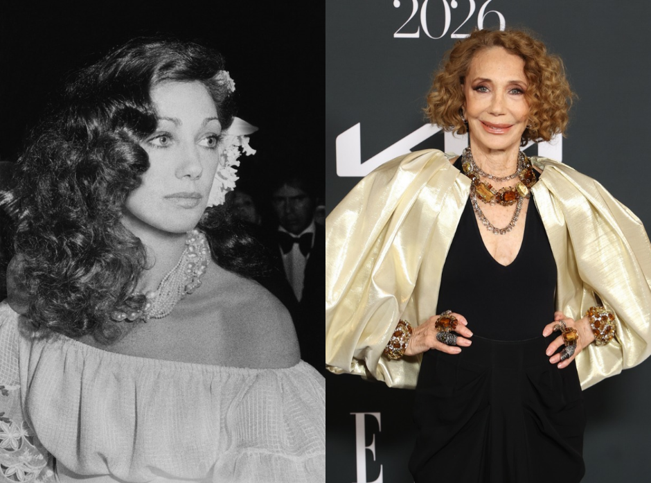 Split image of Marisa Berenson. Pictured in 1977 and 2026.
