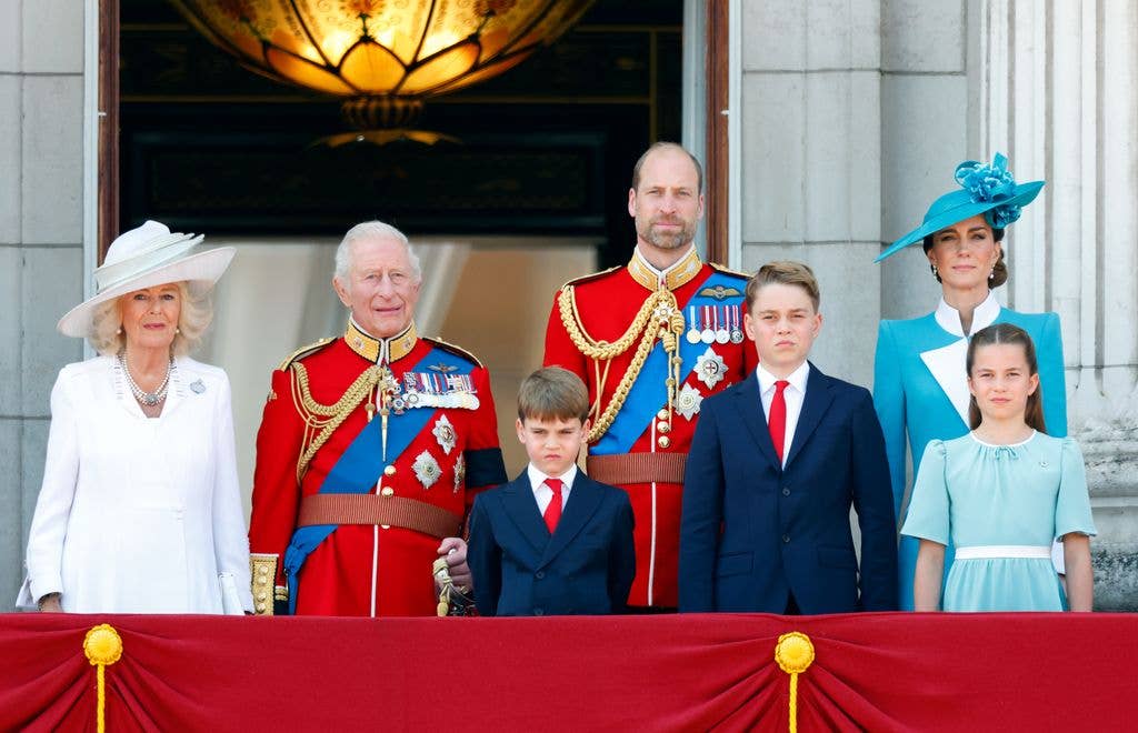 Queen Camilla, King Charles III (wearing his Coldstream Guards uniform), Prince Louis of Wales, Prince William, Prince of Wales (Colonel of the Welsh Guards), Prince George of Wales, Catherine, Princess of Wales and Princess Charlotte of Wales watch an RAF flypast from the balcony of Buckingham Palace after attending Trooping The Colour 2025 on June 14, 2025 in London, England. 