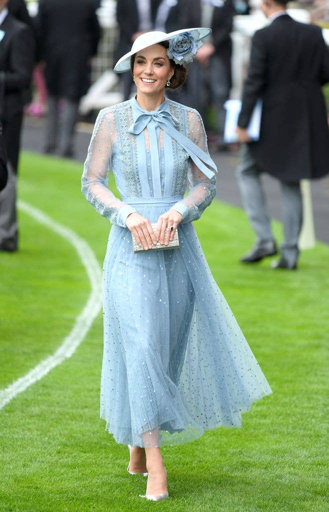 Catherine was the epitome of elegance in an Elie Saab design paired with a matching Philip Treacy hat at Royal Ascot in 2019.
