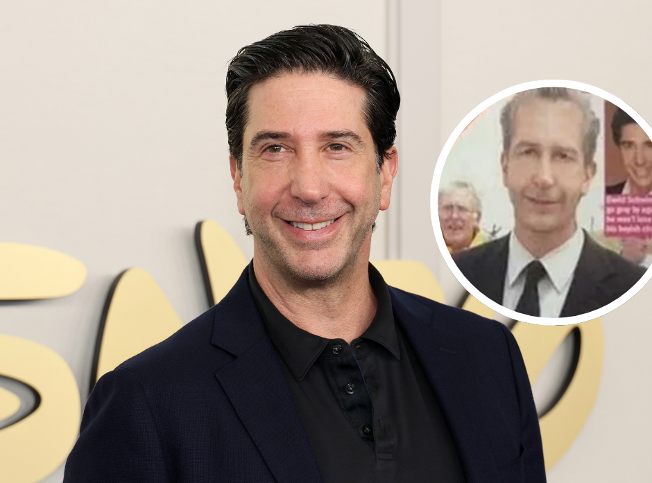David Schwimmer pictured with a smaller framed shot of a 2004 prediction of the celebrity's looks in 2024. In the smaller image, David's hairline is further back, his skin is pale and his hair is grey.