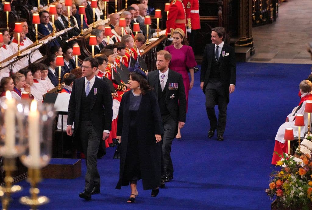 Princess Eugenie, Jack Brooksbank, Prince Harry, Princess Beatrice and Edoardo Mapelli Mozzi arriving at Westminster Abbey for King Charles III's coronation 