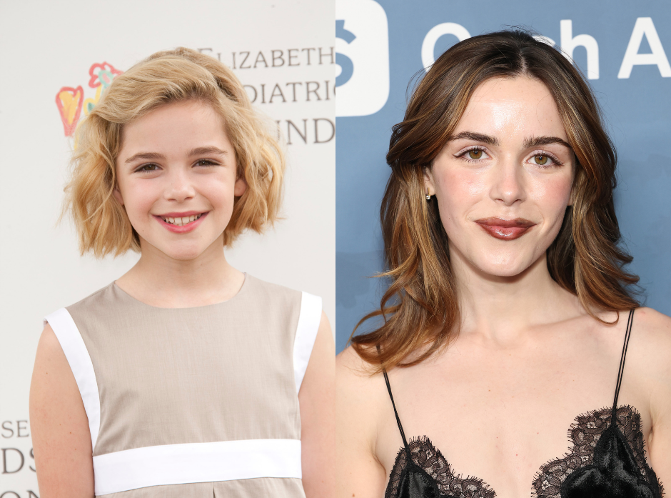 Split image of Kiernan Shipka. On the left, in 2010, on the right, in 2026.