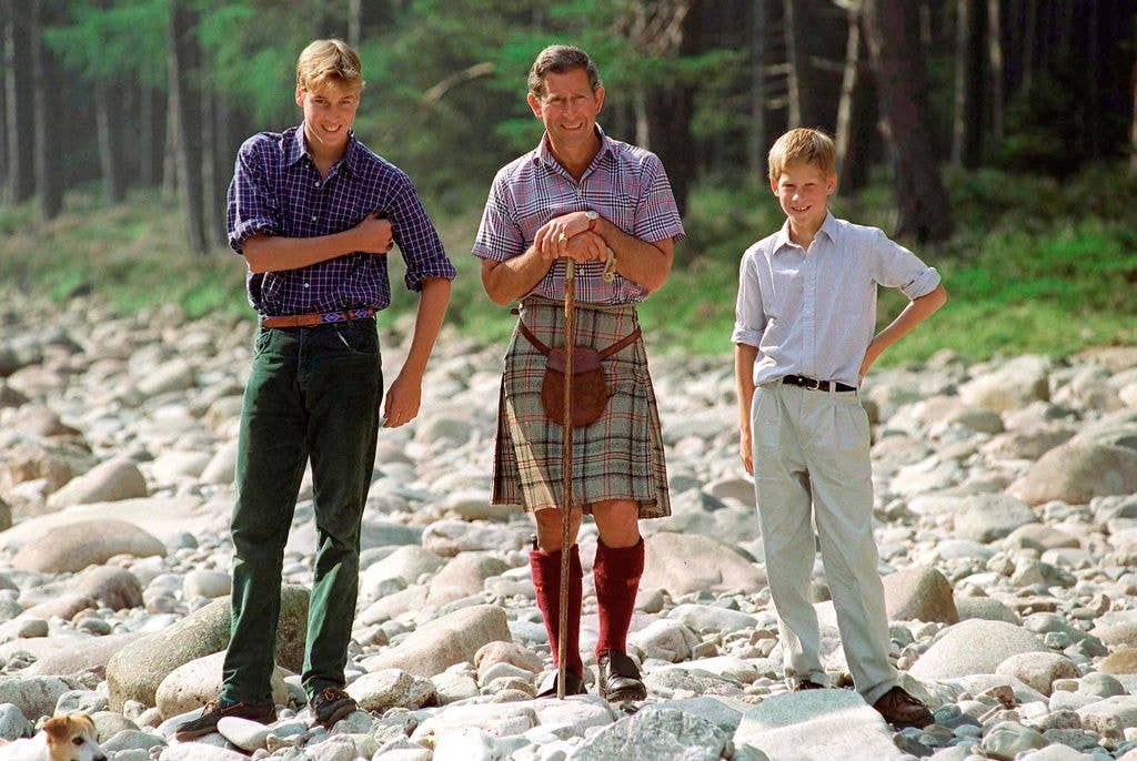 Charles and his sons by the River Dee on the Balmoral Castle Estate