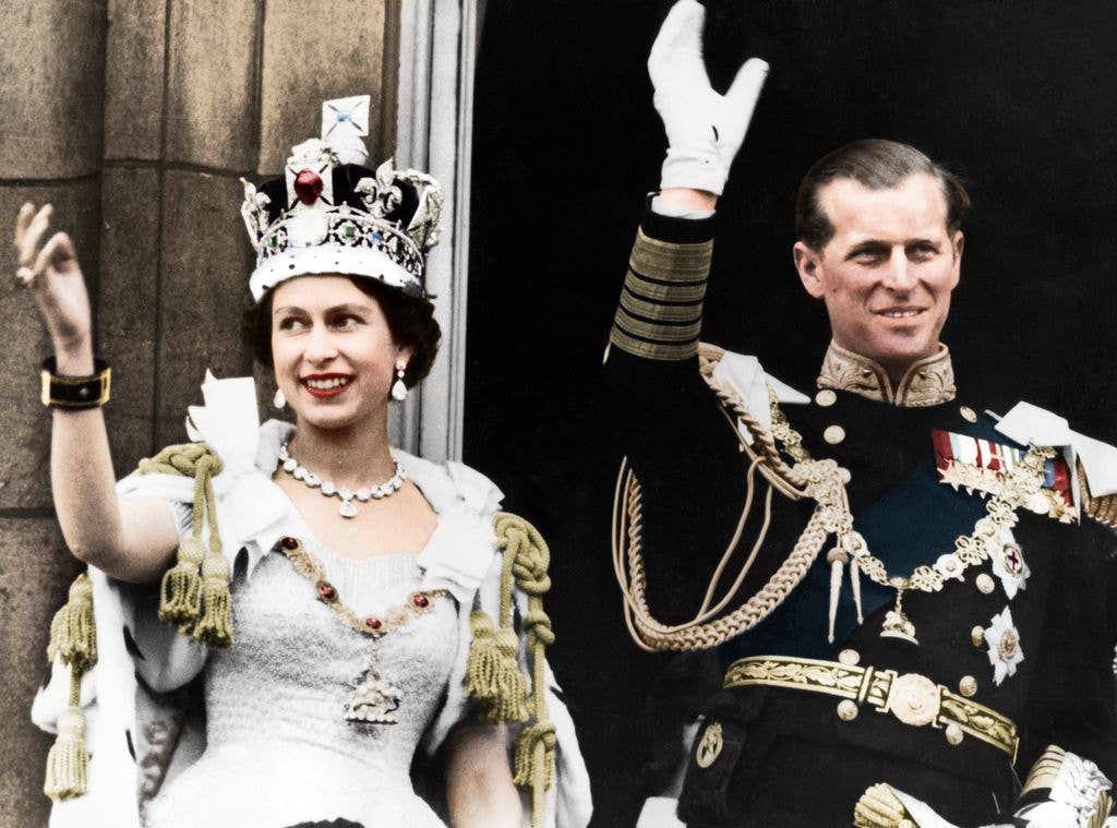 Queen Elizabeth II and the Duke of Edinburgh on the day of their coronation, Buckingham Palace, 195