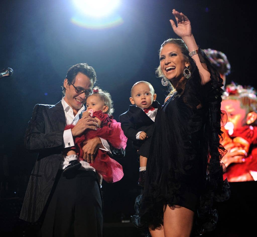 Marc Anthony, Jennifer Lopez and their kids Max and Emme on stage before he performs Valentine's Day show at Madison Square Garden on February 14, 2009 in New York City. 