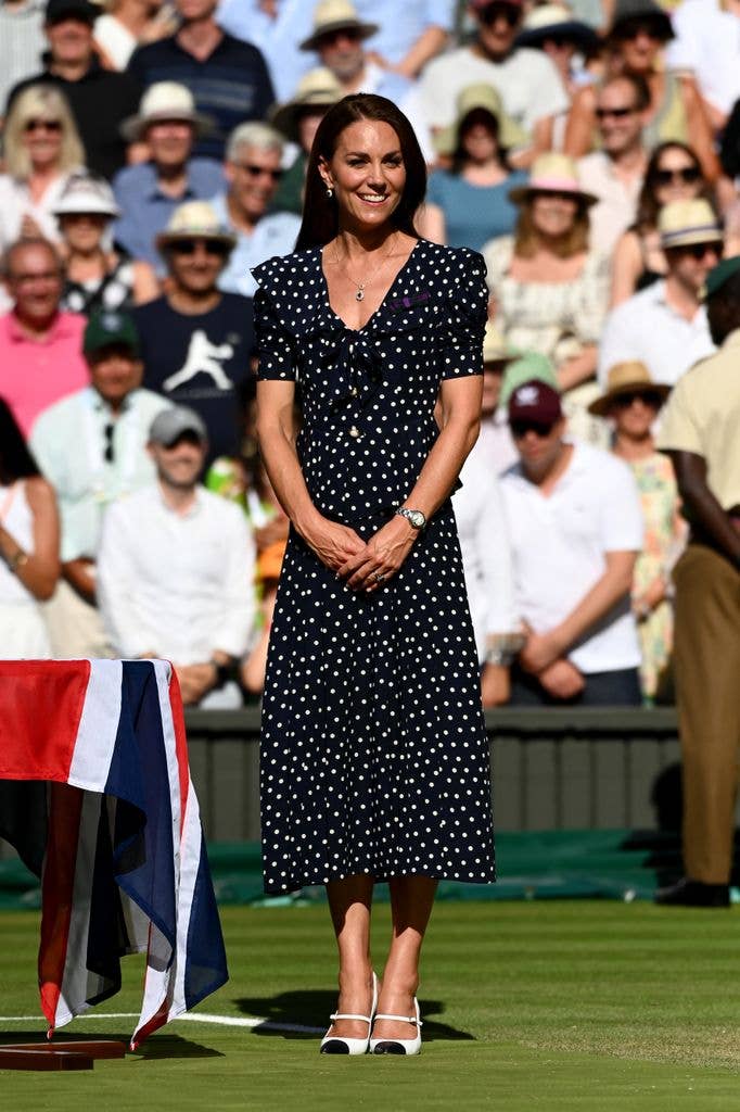 Catherine opted for polka dots once again, stepping out in another Alessandra Rich dress to watch Novak Djokovic and Nick Kyrgios compete in the 2022 Wimbledon men's singles final.