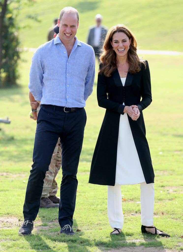 Catherine sported a Beulah London jacket and white trousers for a visit to an Army Canine Centre with Prince William during their 2019 tour of Pakistan.