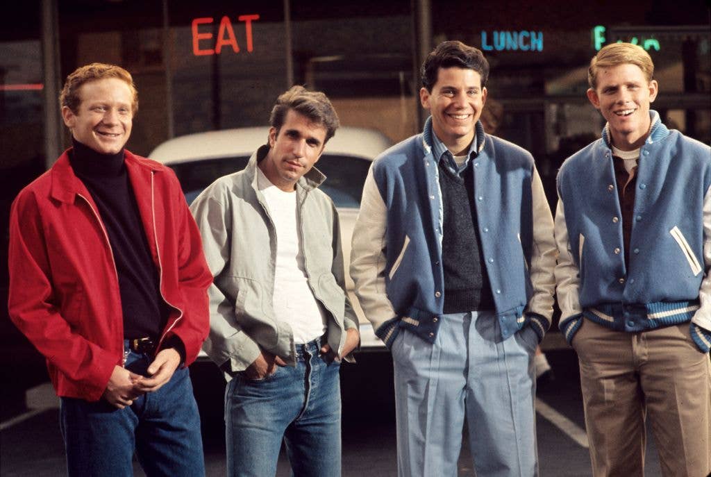 Ron Howard, Anson Williams, Donny Most and Henry Winkler on the set of Happy Days