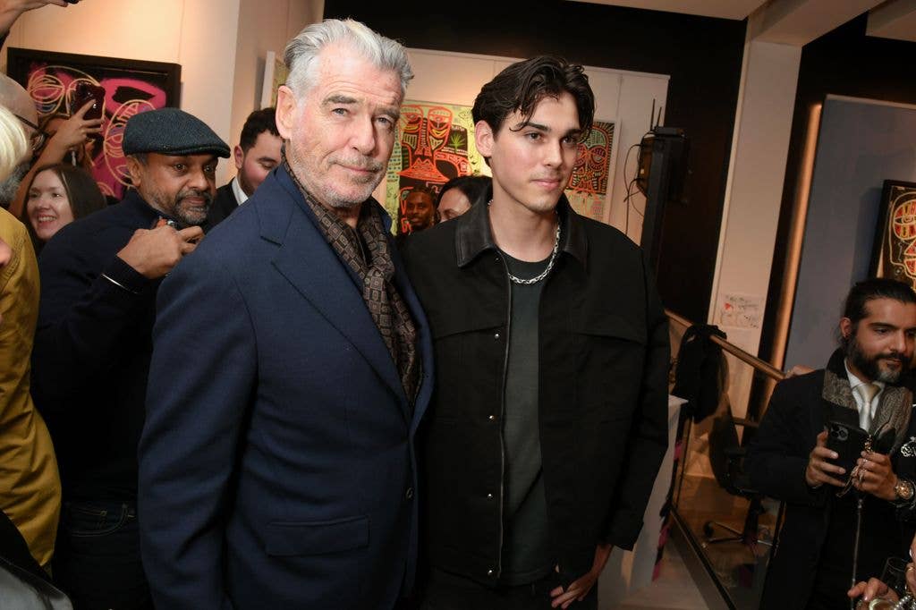 Pierce Brosnan and Paris Brosnan attend PARIS BROSNAN's UK debut with new art collection 'COLLECTIVE ENERGY' at Clarendon Fine Art on February 26, 2026 in London, England.