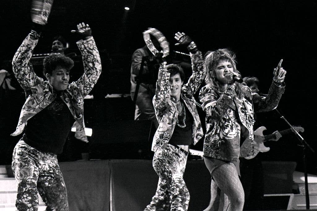 American pop singer Madonna performs in London, 1985.