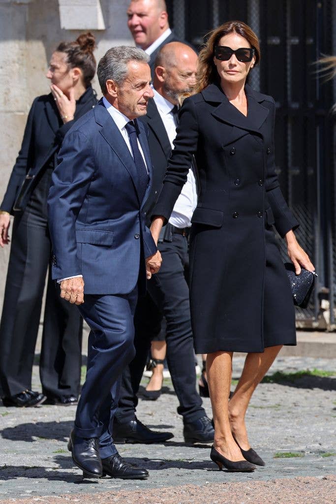 Nicolas Sarkozy and Carla Bruni attend Mathilde Favier's Funerals at Eglise Saint-Sulpice on August 31, 2026 in Paris, France.