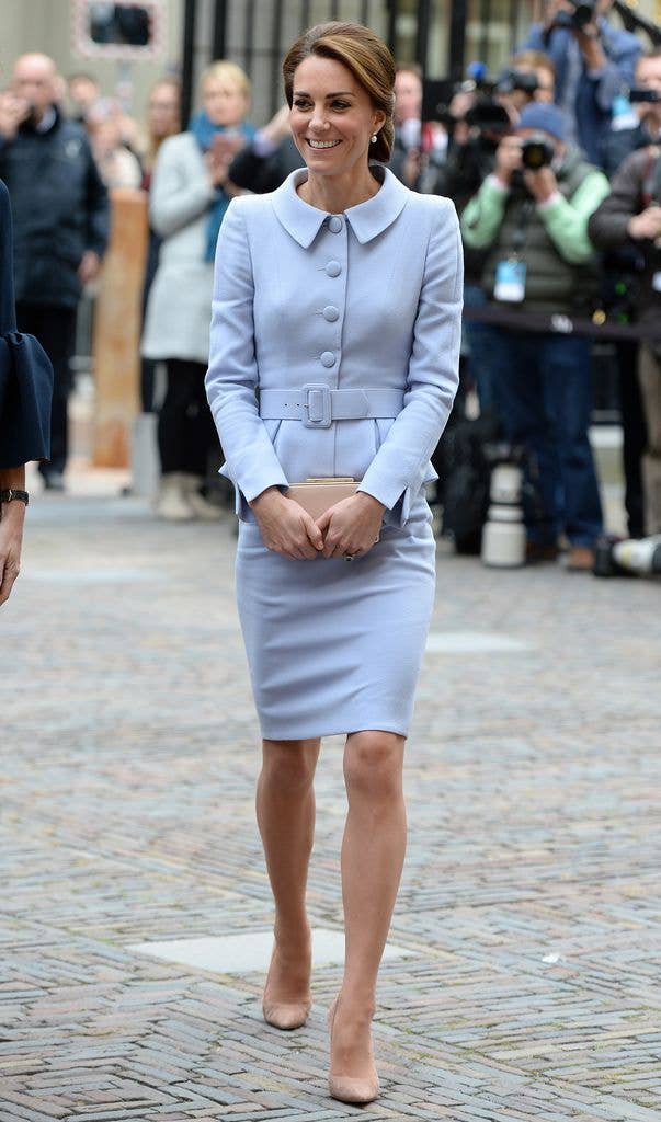 The royal stepped out in chic skirt suit by Catherine Walker during her first-ever solo official overseas trip to the Netherlands in 2016. 