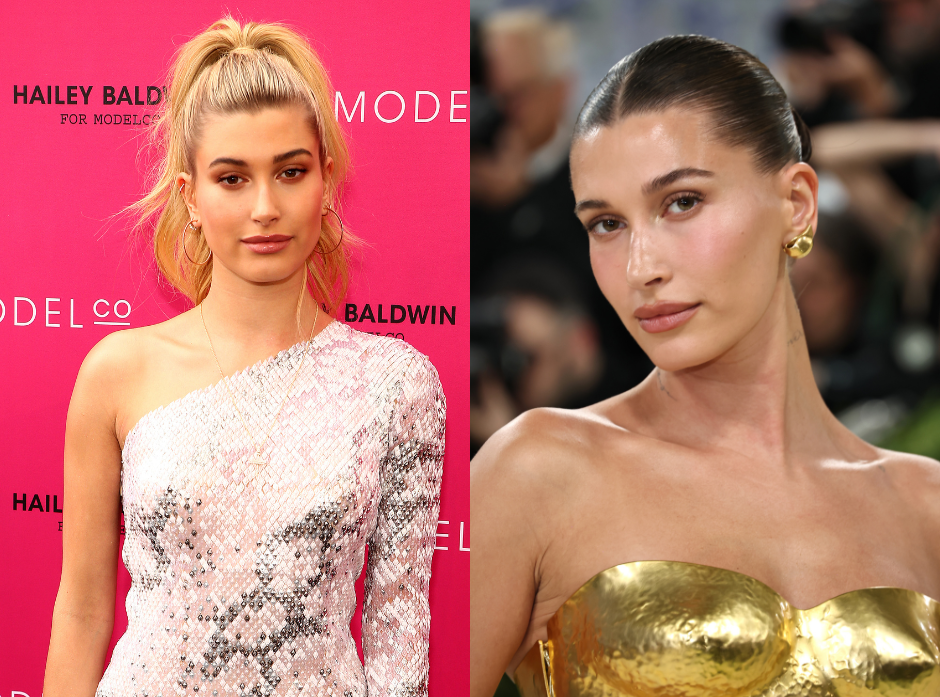 Split image of Hailey Bieber. Shown in 2016 and in 2026.